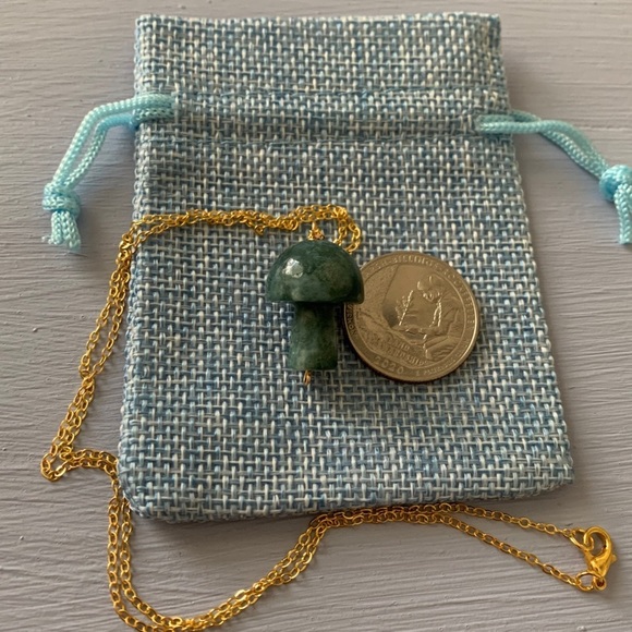 Moss Agate Mushroom Pendant Moss Agate Necklace Gold Plated Mushroom Necklace - Picture 4 of 4